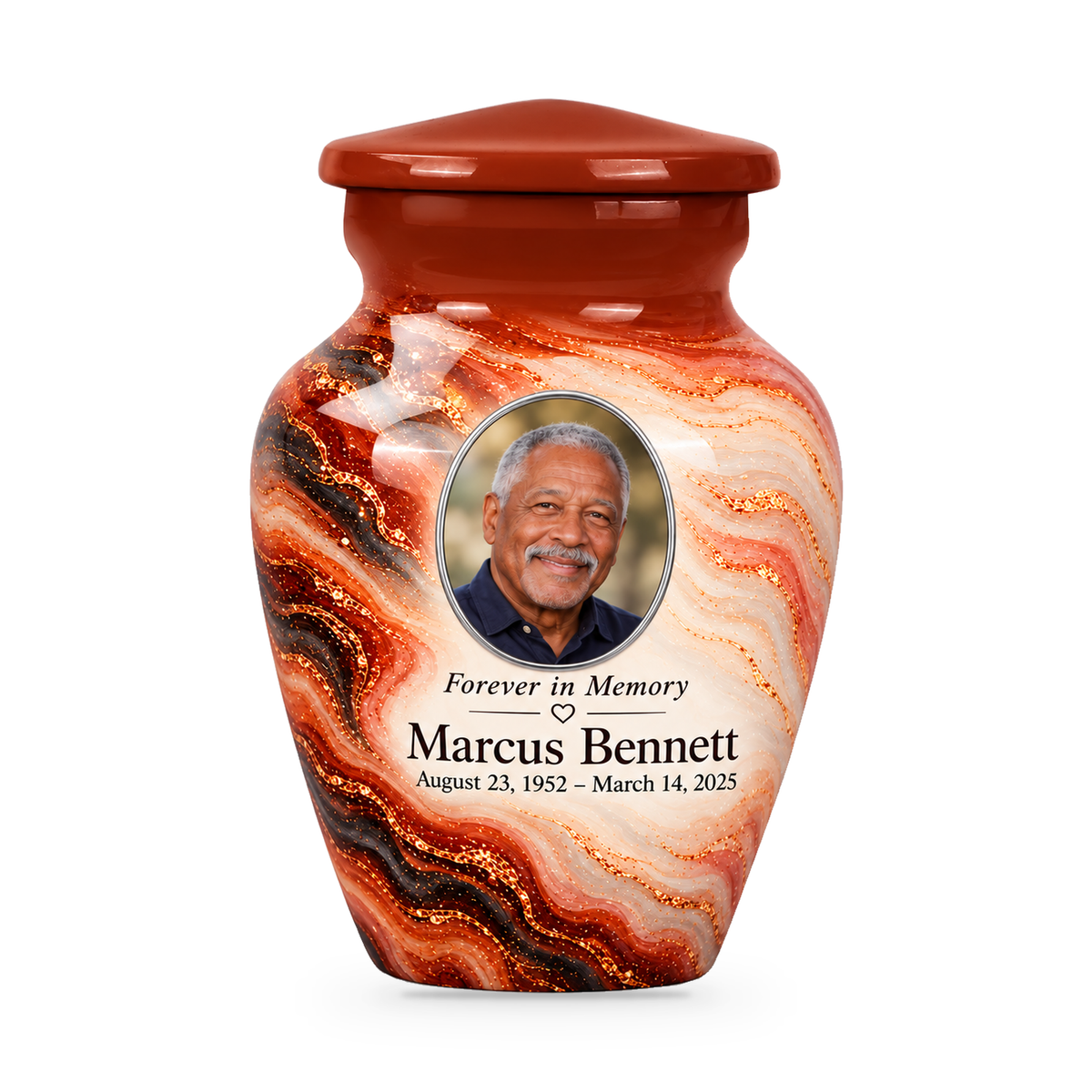 One Copper Ember terracotta and cream keepsake urn with a sample portrait, name and dates.