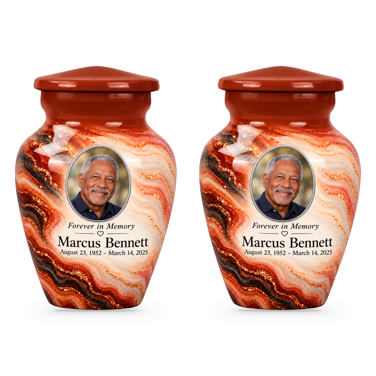Two matching Copper Ember keepsake urns with sample portrait, name and dates.