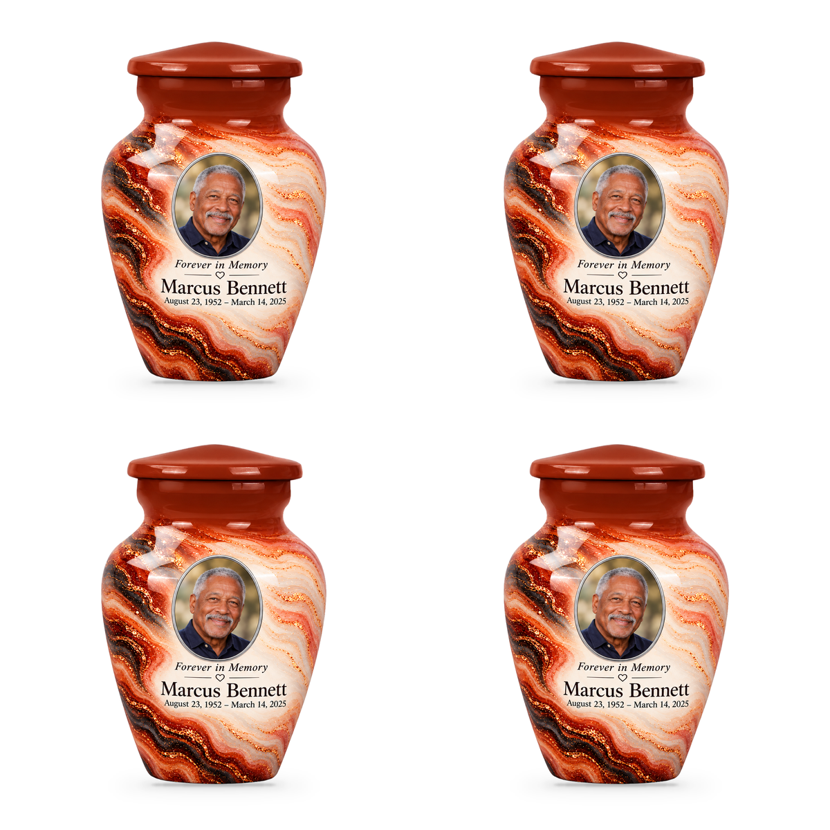 Four matching Copper Ember keepsake urns with sample portrait, name and dates.