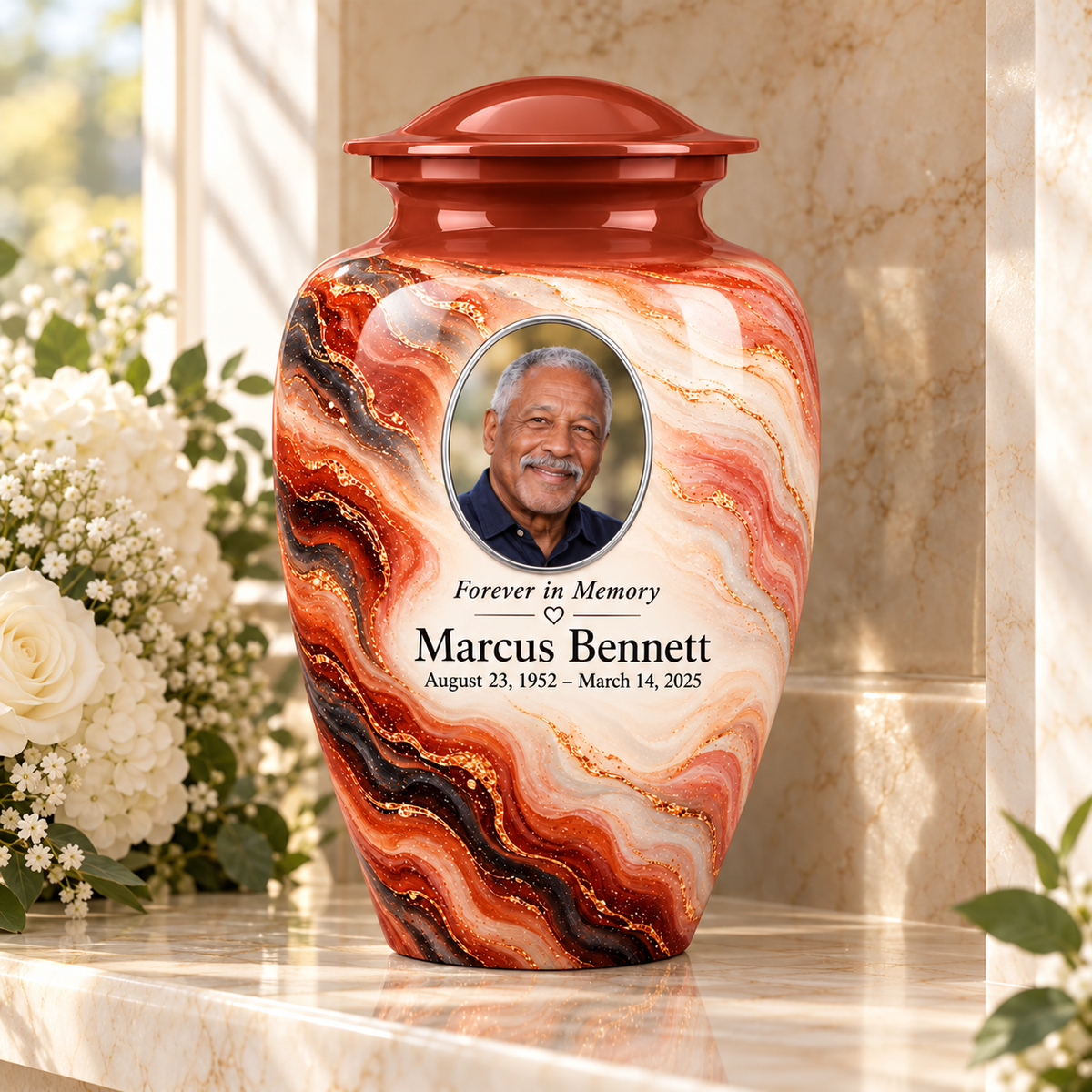 Copper Ember personalized adult urn in a stone columbarium niche.