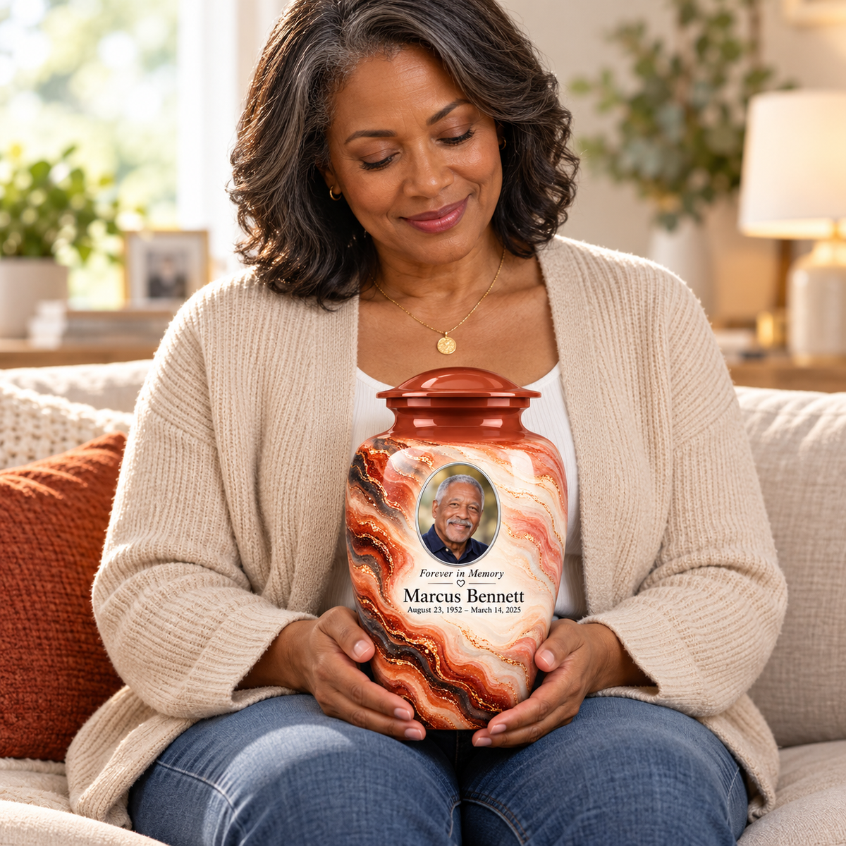 An adult holds the Copper Ember photo urn on their lap, showing its scale.