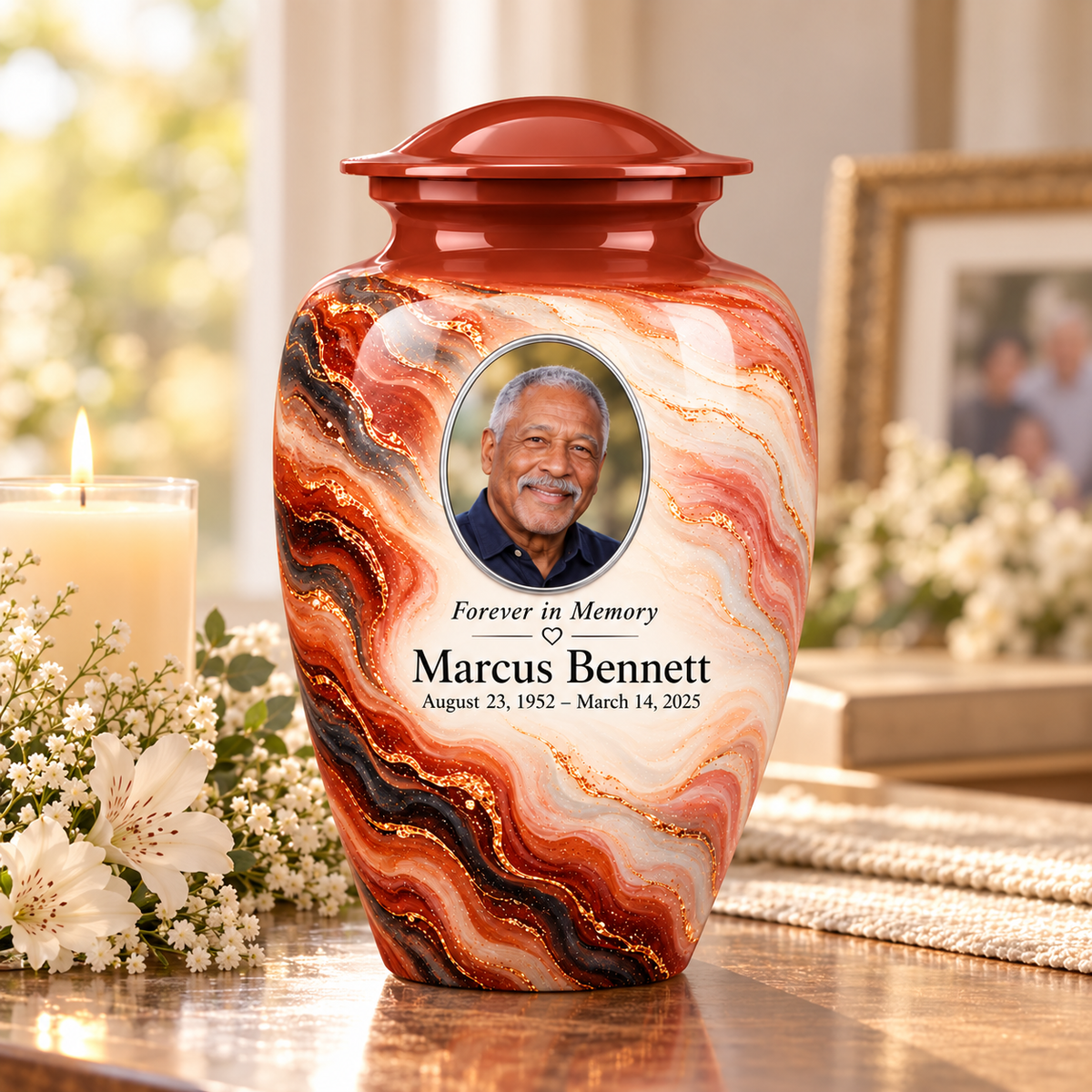 Copper Ember adult urn on a memorial console beside a candle and flowers.