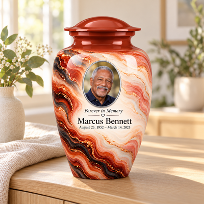 Copper Ember personalized adult urn on a wood sideboard in a sunlit home.