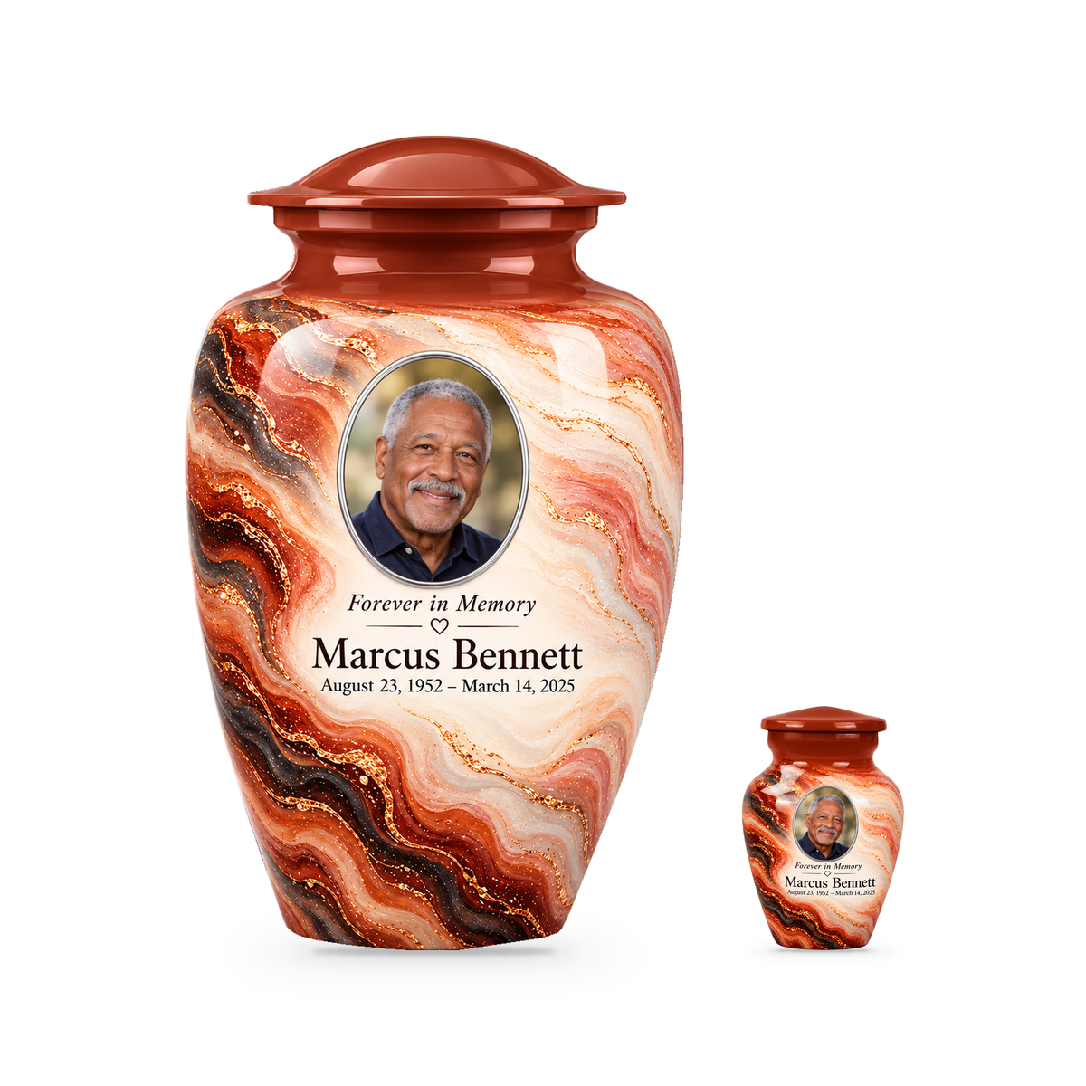 Copper Ember set with one adult urn and one smaller keepsake, with matching sample personalization.