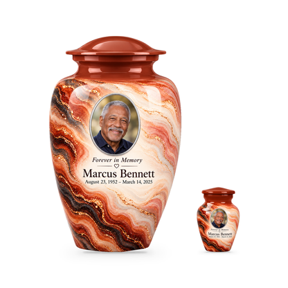 Copper Ember set with one adult urn and one smaller keepsake, with matching sample personalization.