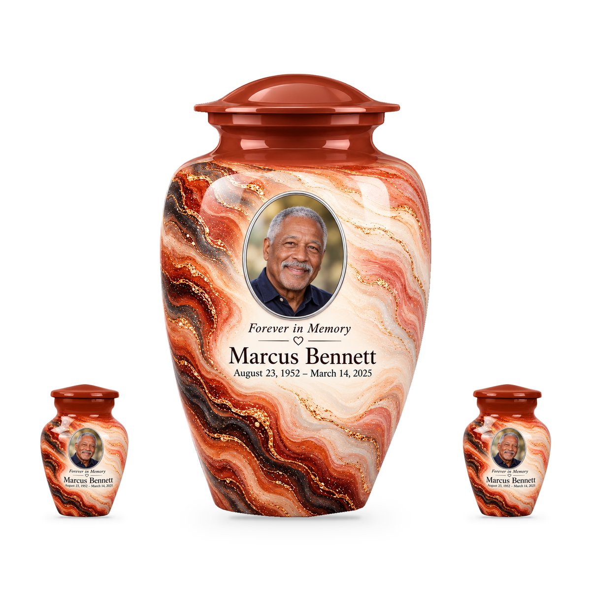 Copper Ember set with one adult urn and two smaller keepsakes, with matching sample personalization.