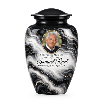 Black Pearl black, charcoal and white swirl adult urn with sample portrait, name and dates.