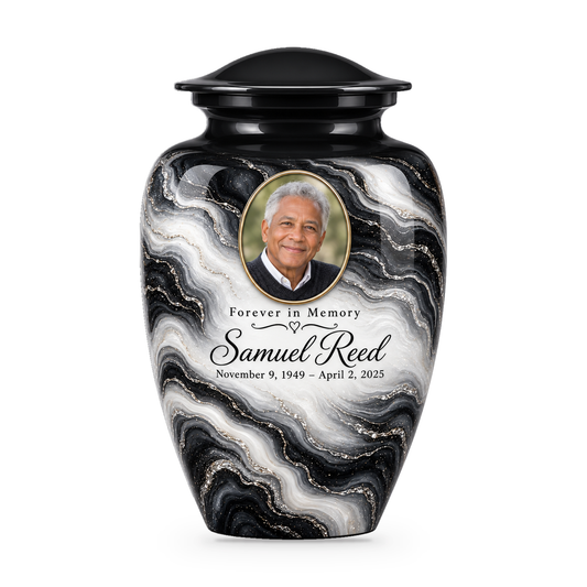 Black Pearl black, charcoal and white swirl adult urn with sample portrait, name and dates.