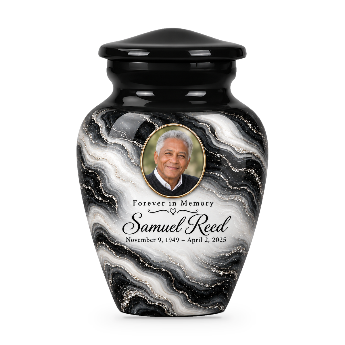 One Black Pearl charcoal and white keepsake urn with a sample portrait, name and dates.