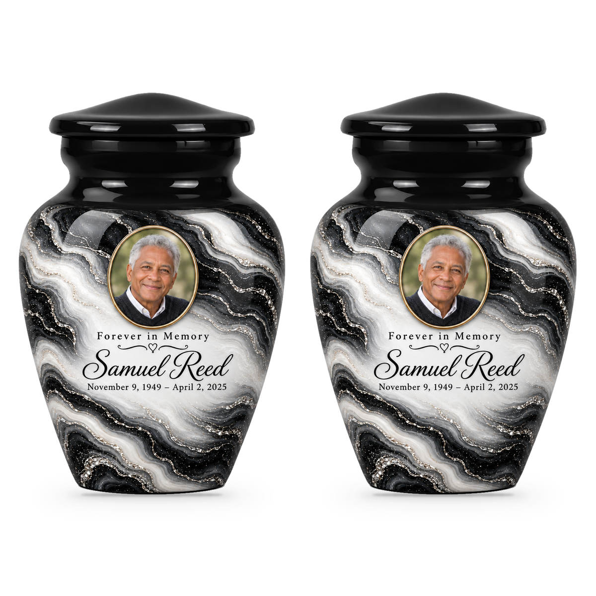 Two matching Black Pearl keepsake urns with sample portrait, name and dates.