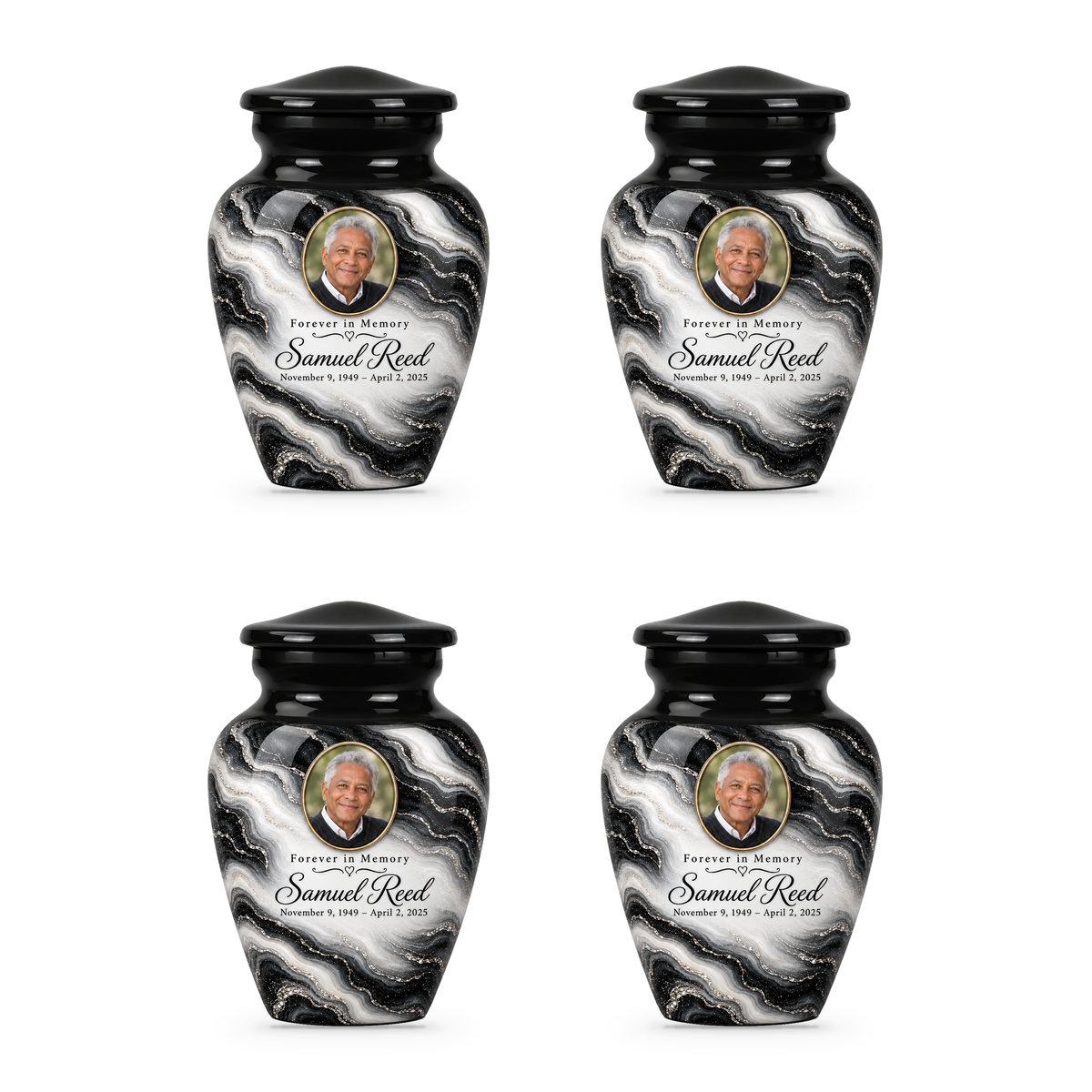 Four matching Black Pearl keepsake urns with sample portrait, name and dates.