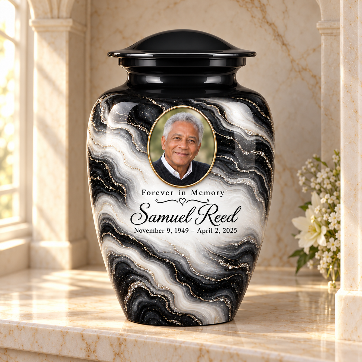 Black Pearl personalized adult urn in a stone columbarium niche.