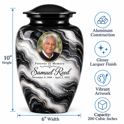 Black Pearl adult urn size guide: 10 inches high, 6 inches wide and 200 cubic inches.