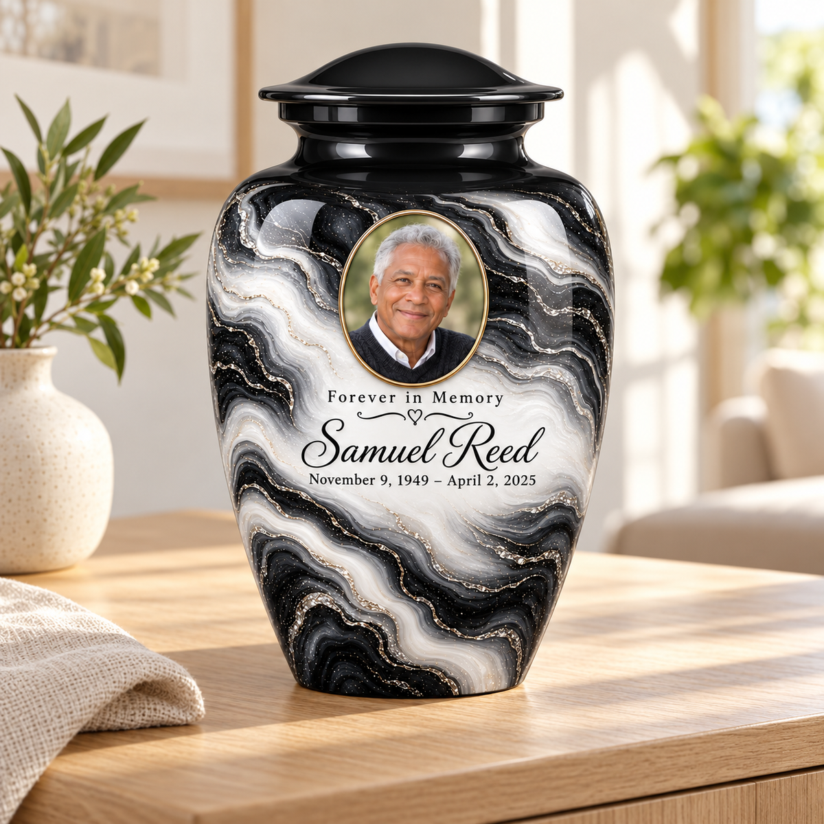 Black Pearl personalized adult urn on a wood sideboard in a sunlit home.
