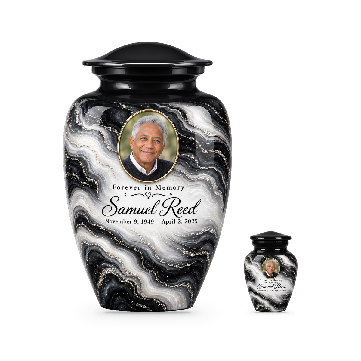Black Pearl set with one adult urn and one smaller keepsake, with matching sample personalization.