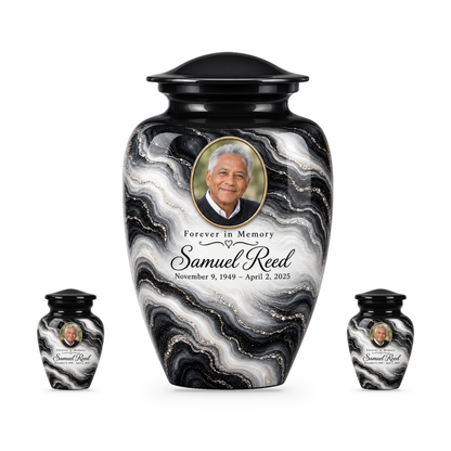 Black Pearl set with one adult urn and two smaller keepsakes, with matching sample personalization.