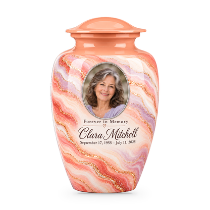 Sunrise Opal peach, coral and lilac swirl adult urn with sample portrait, name and dates.