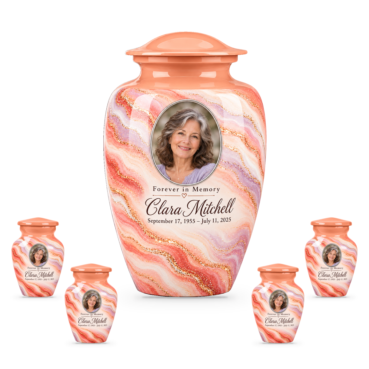 Sunrise Opal set with one adult urn and four smaller keepsakes, with matching sample personalization.