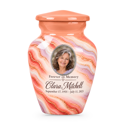 One Sunrise Opal pastel swirl keepsake urn with a sample portrait, name and dates.