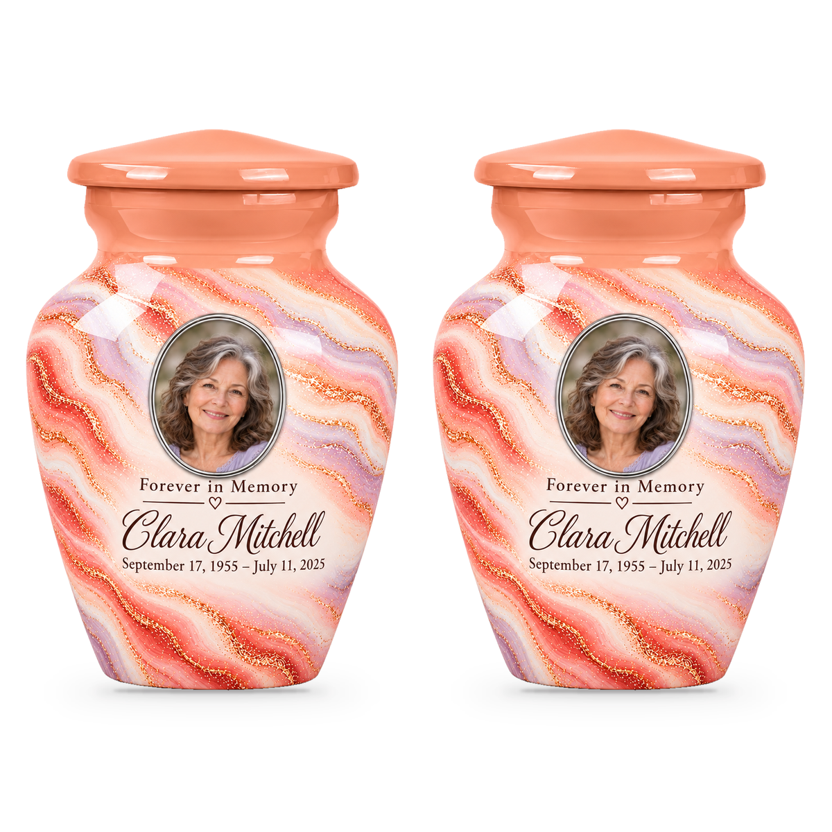 Two matching Sunrise Opal keepsake urns with sample portrait, name and dates.