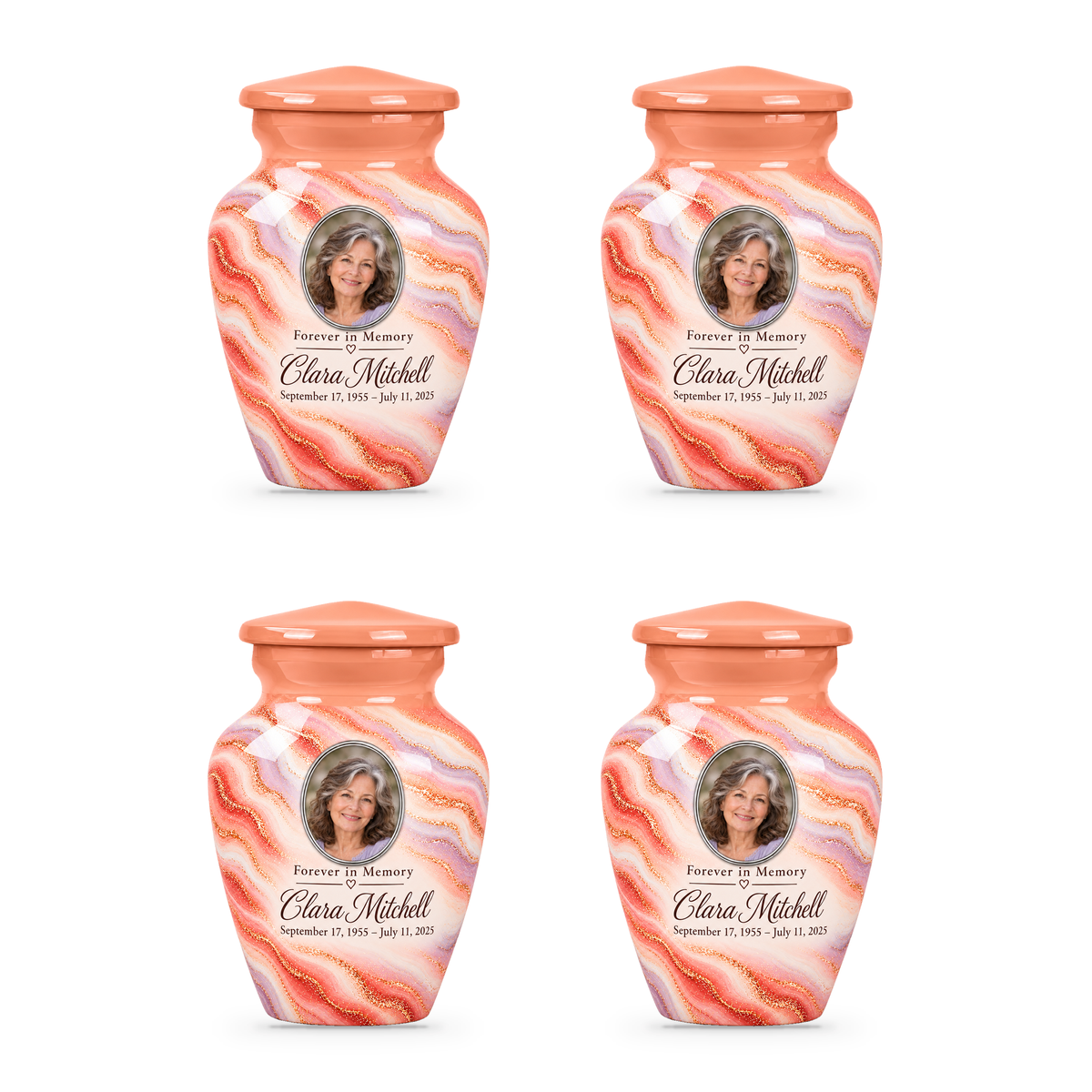 Four matching Sunrise Opal keepsake urns with sample portrait, name and dates.