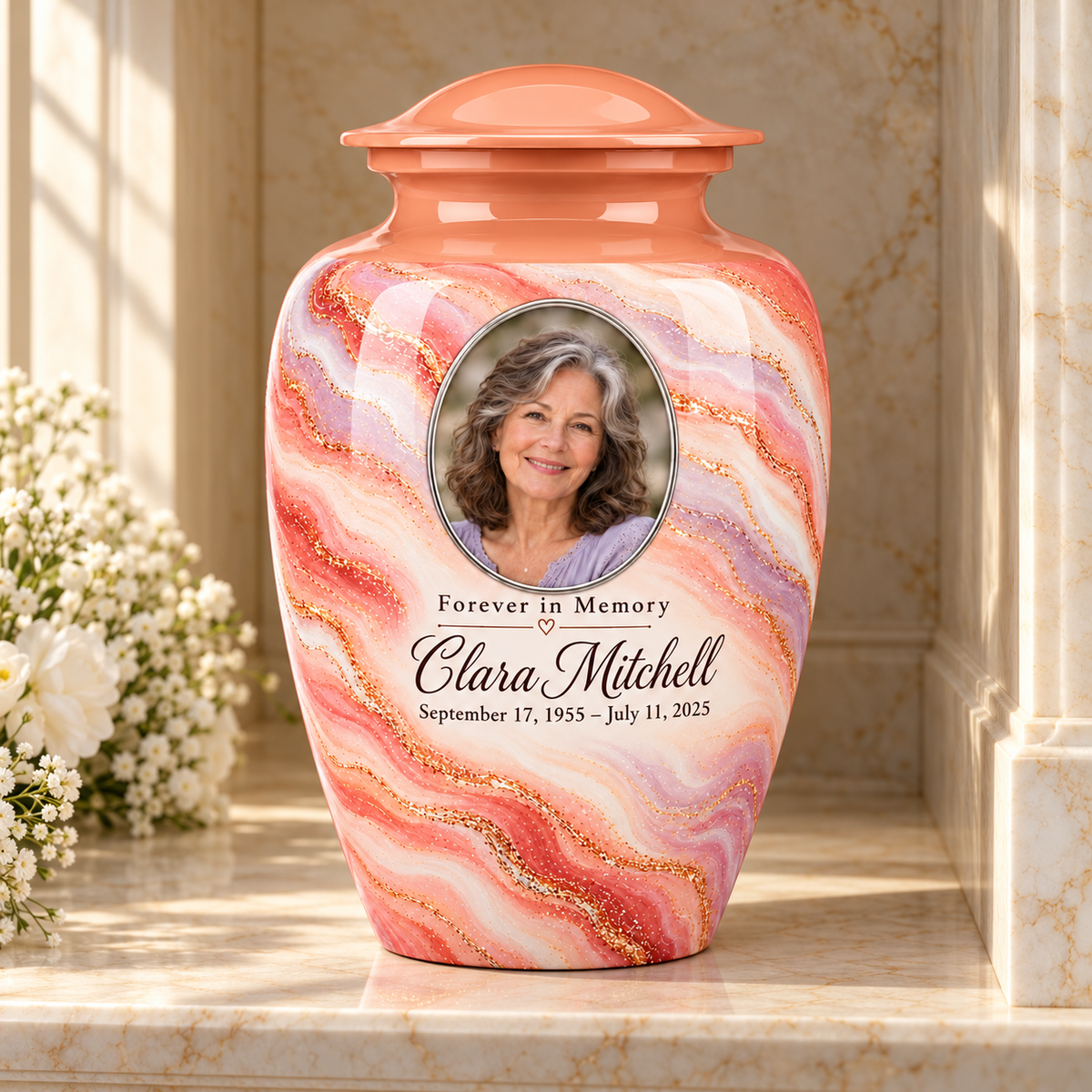 Sunrise Opal personalized adult urn in a stone columbarium niche.
