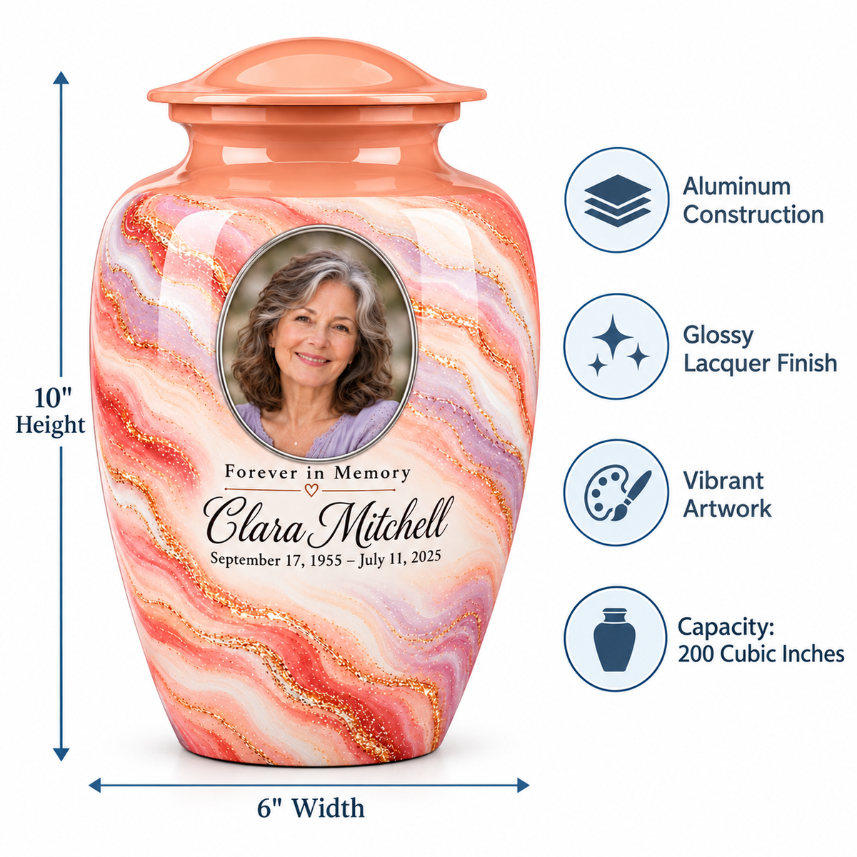 Sunrise Opal adult urn size guide: 10 inches high, 6 inches wide and 200 cubic inches.