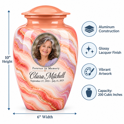 Sunrise Opal adult urn size guide: 10 inches high, 6 inches wide and 200 cubic inches.