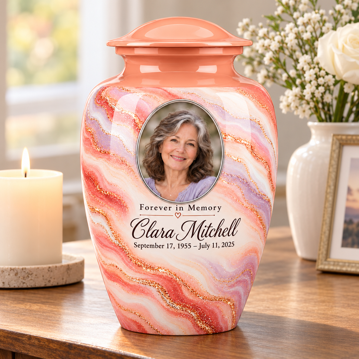 Sunrise Opal adult urn on a memorial console beside a candle and flowers.