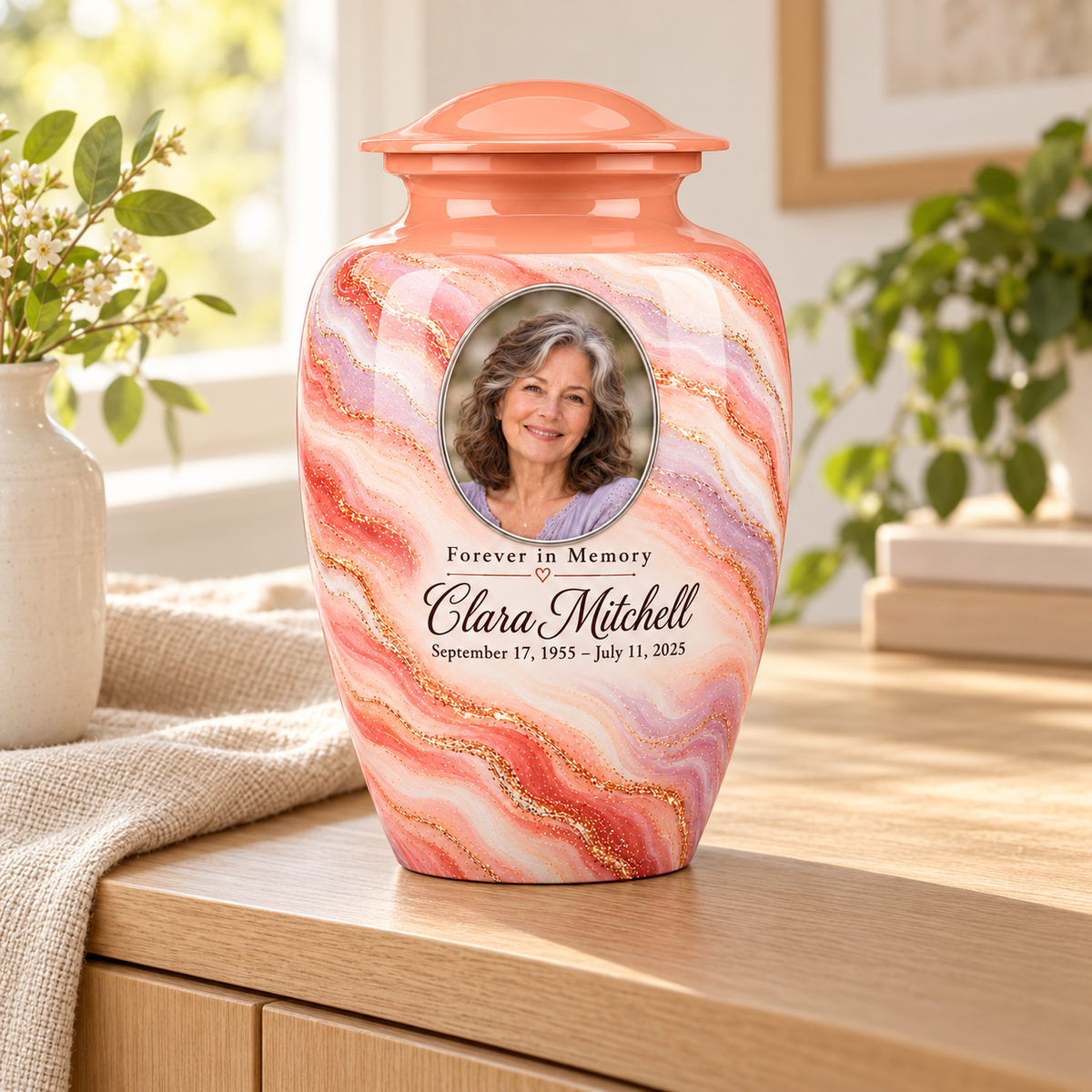 Sunrise Opal personalized adult urn on a wood sideboard in a sunlit home.