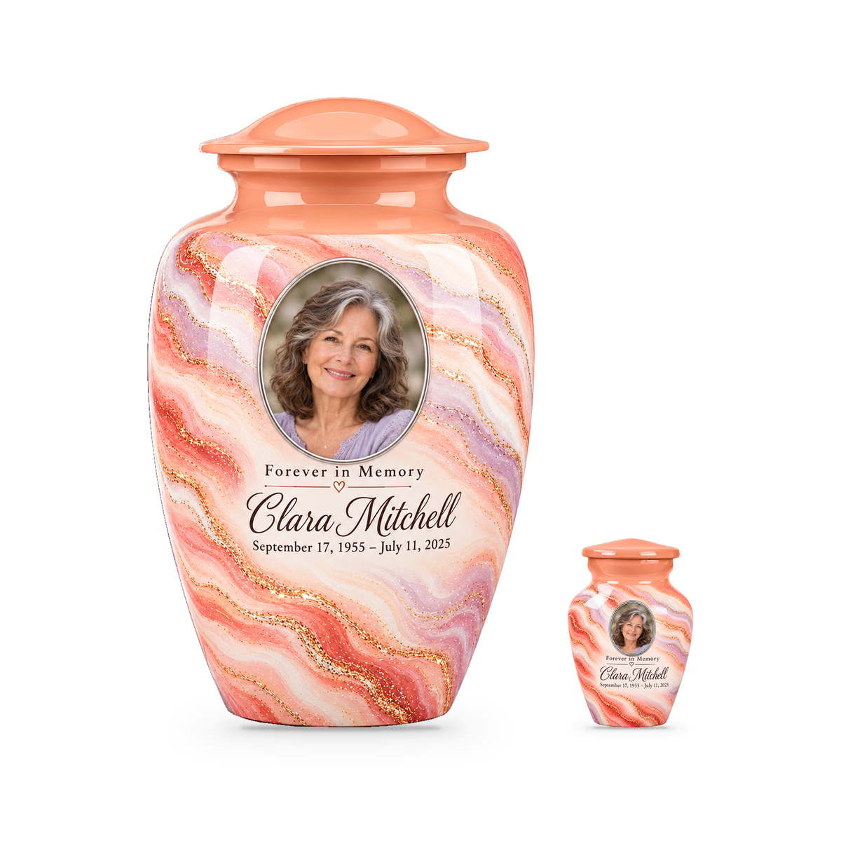 Sunrise Opal set with one adult urn and one smaller keepsake, with matching sample personalization.
