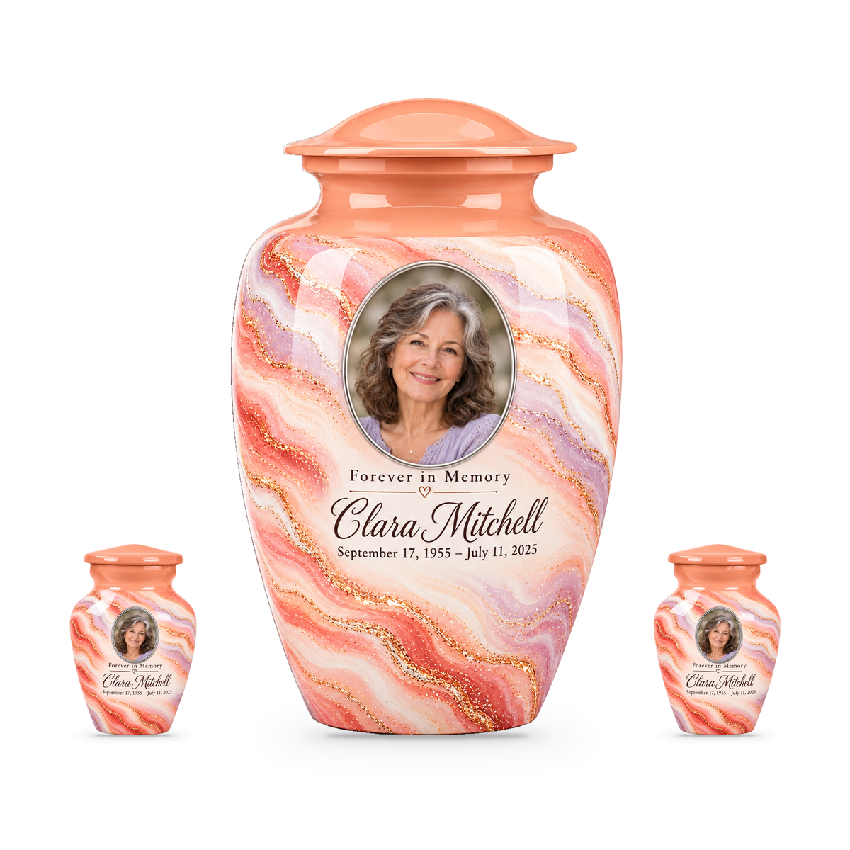 Sunrise Opal set with one adult urn and two smaller keepsakes, with matching sample personalization.