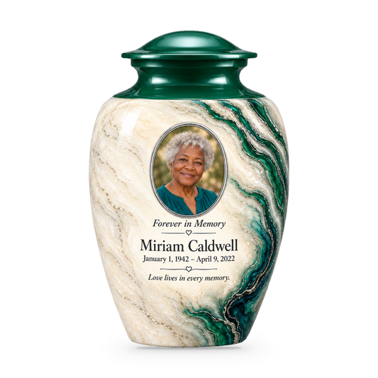 Emerald Estuary adult urn with one-sided green channels, a pale cream center and sample portrait, name, dates and tribute.