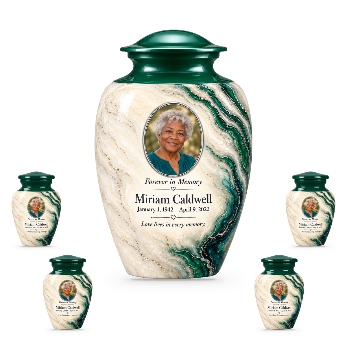 Emerald Estuary set with one adult urn and four smaller keepsakes, with matching sample personalization.