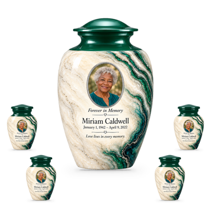Emerald Estuary set with one adult urn and four smaller keepsakes, with matching sample personalization.