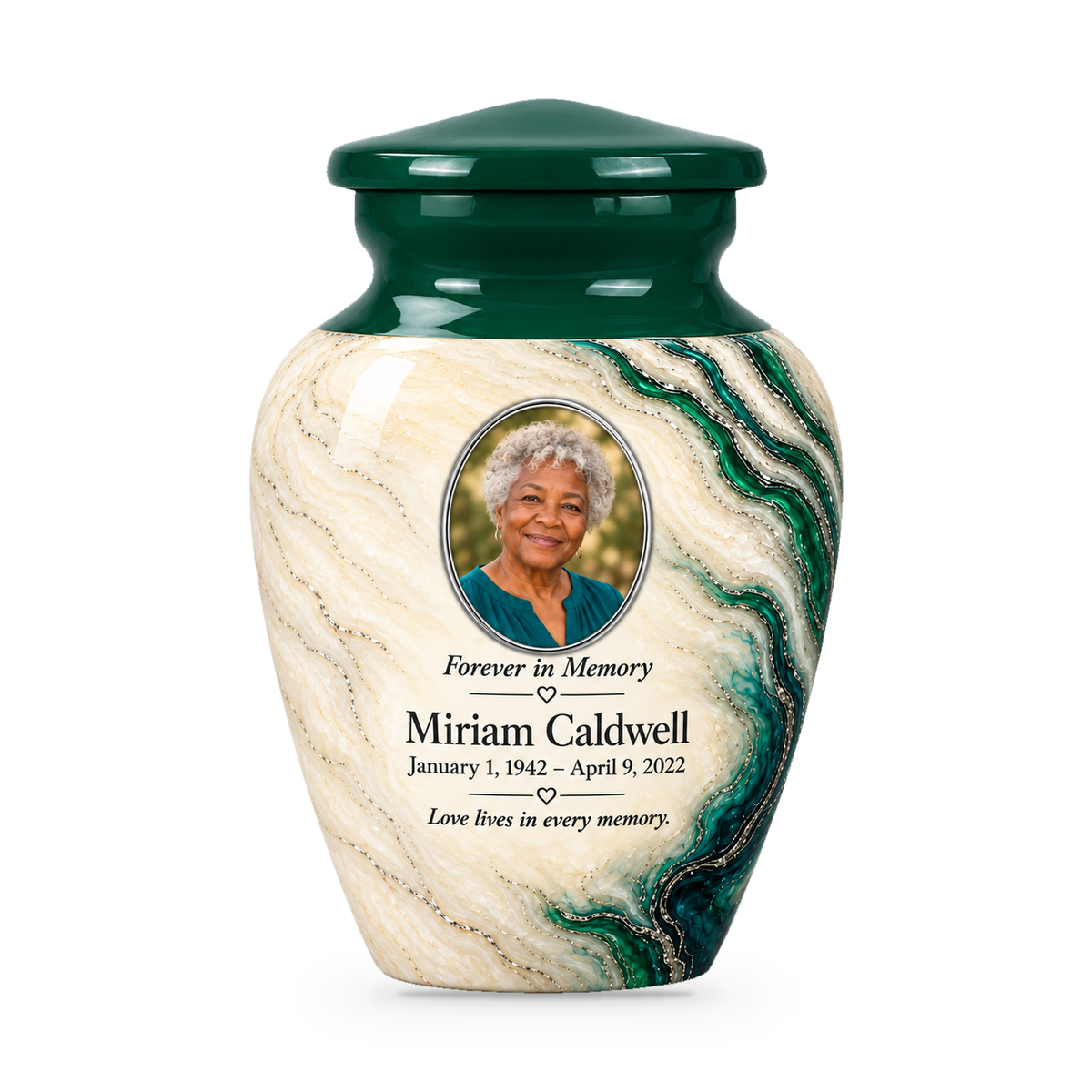 One Emerald Estuary green and cream keepsake urn with a sample portrait and short tribute.