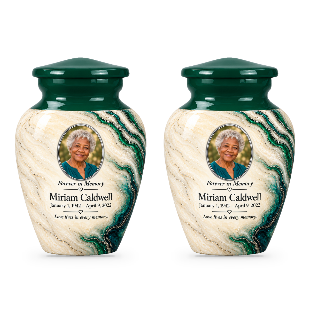 Two matching Emerald Estuary keepsake urns with sample photo and memorial text.