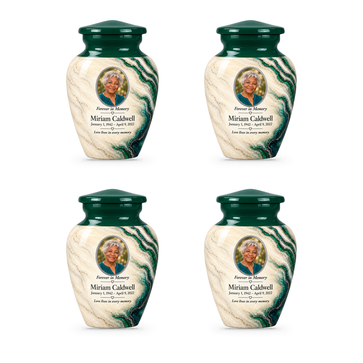 Four matching Emerald Estuary keepsake urns with sample photo and memorial text.
