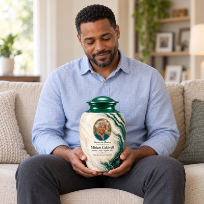 An adult man holds the Emerald Estuary photo urn on his lap, showing its scale.