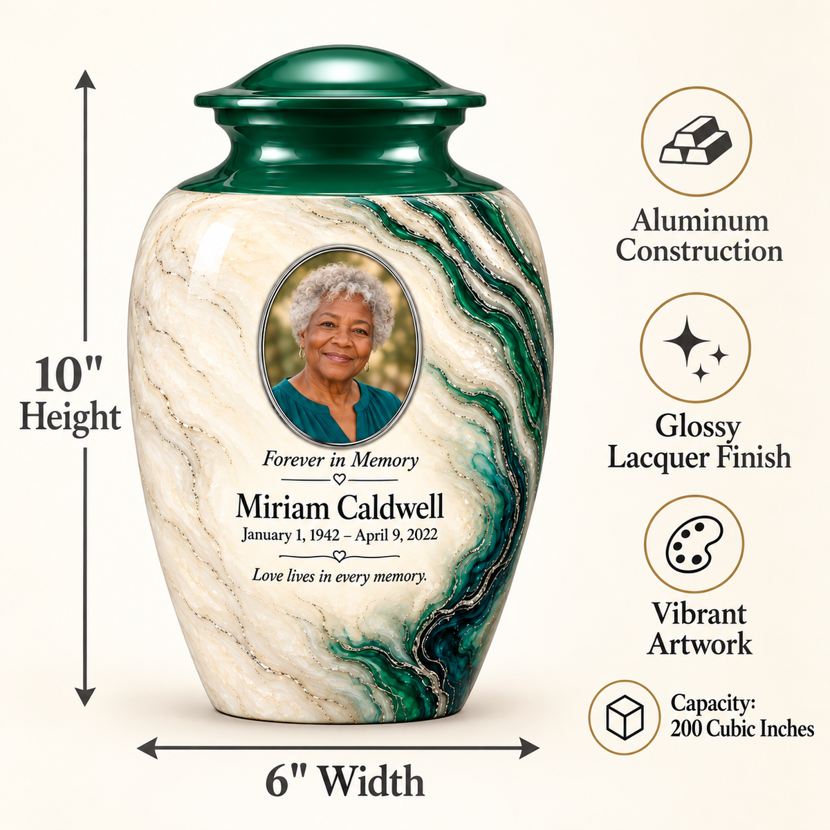 Emerald Estuary adult urn size guide: 10 inches high, 6 inches wide and 200 cubic inches.