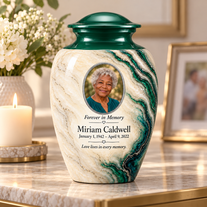 Emerald Estuary adult urn on a memorial console beside a candle and flowers.