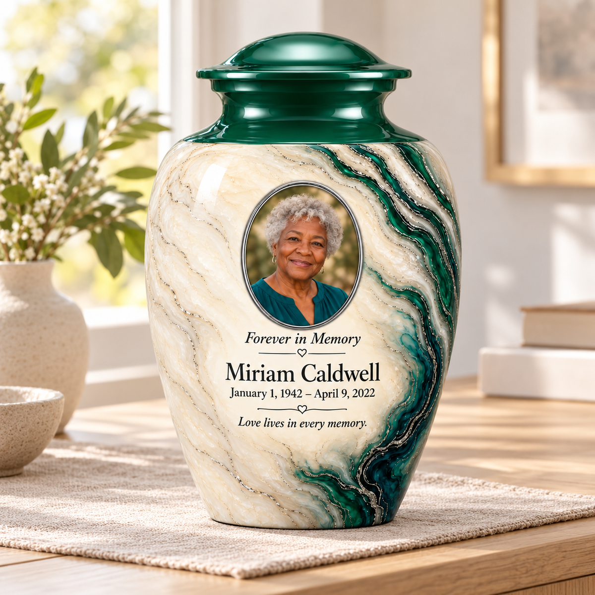 Emerald Estuary personalized adult urn on a wood sideboard in a sunlit home.