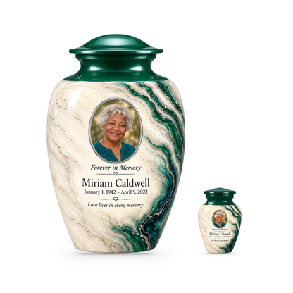 Emerald Estuary set with one adult urn and one smaller keepsake, with matching sample personalization.
