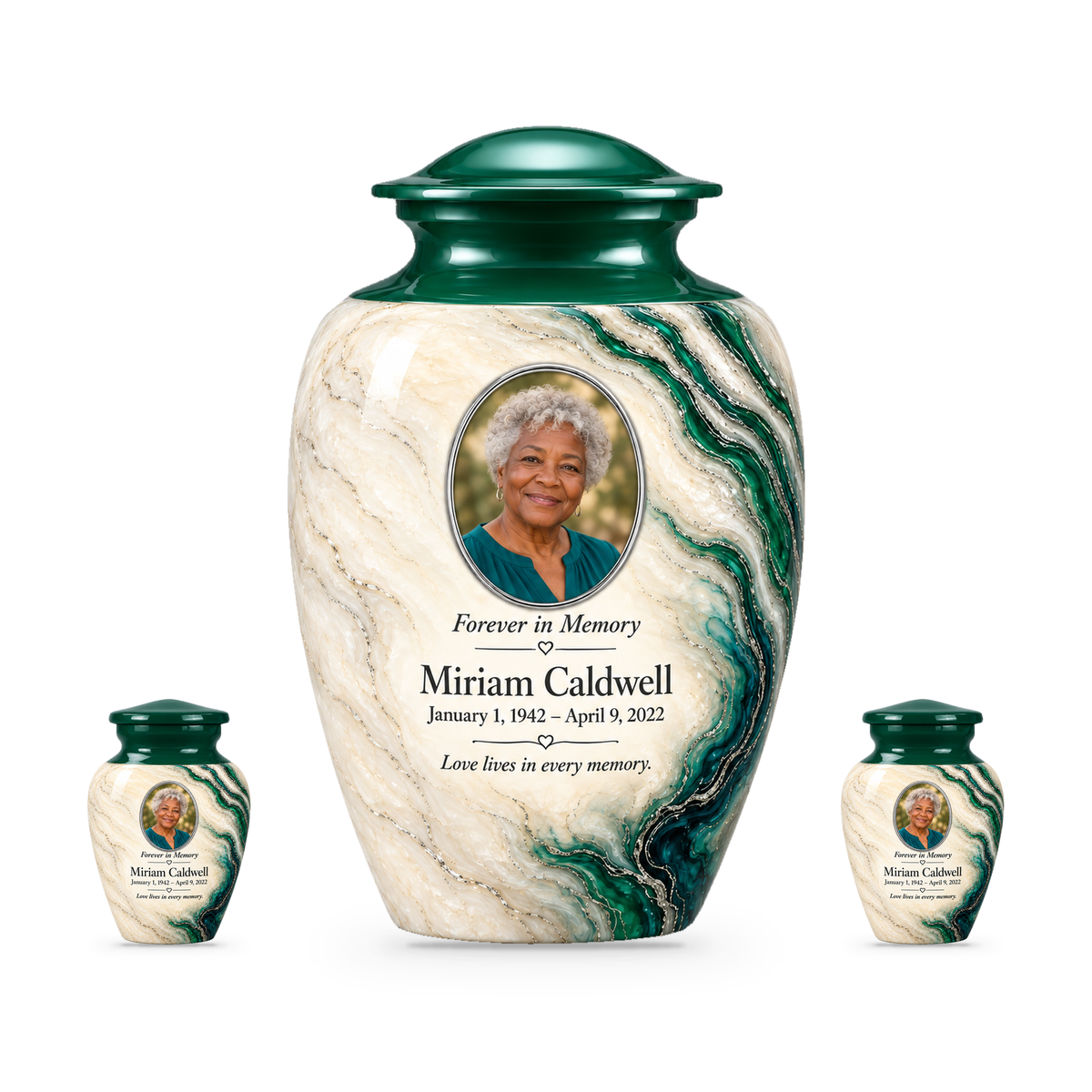 Emerald Estuary set with one adult urn and two smaller keepsakes, with matching sample personalization.