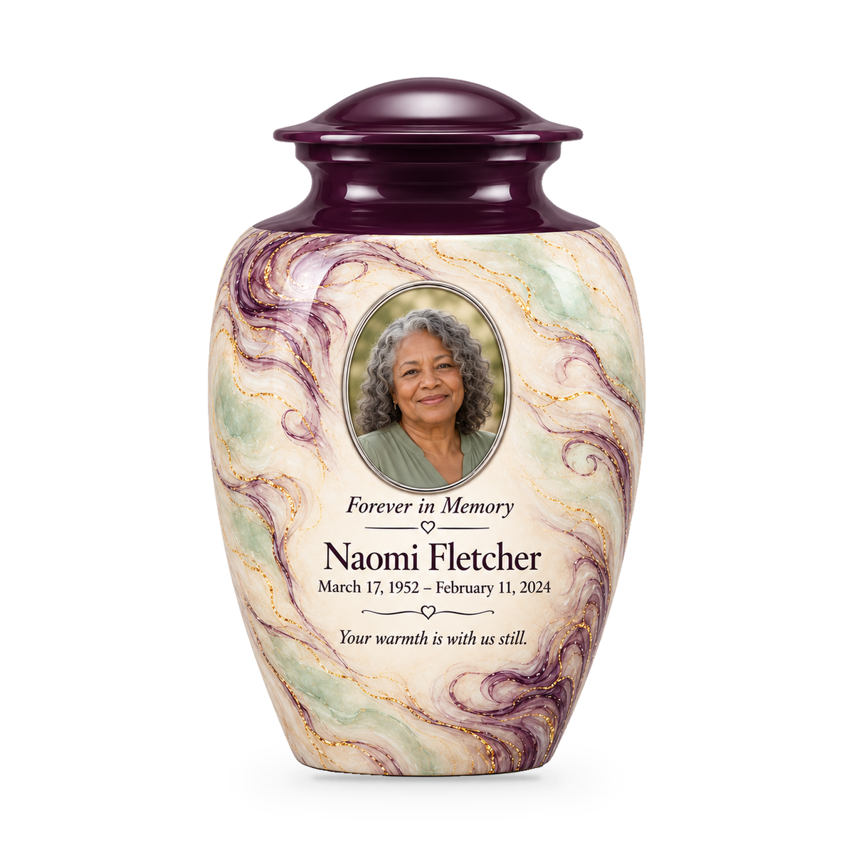 Aubergine Wisp adult urn with fictional sample photo and text.