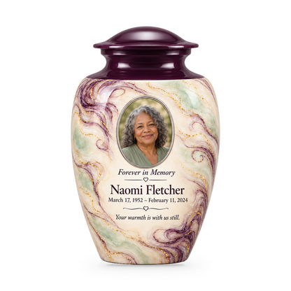 Aubergine Wisp adult urn with fictional sample photo and text.