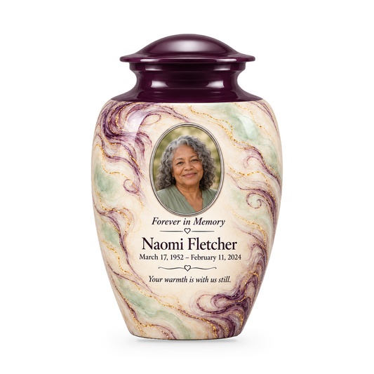 Aubergine Wisp adult urn with fictional sample photo and text.