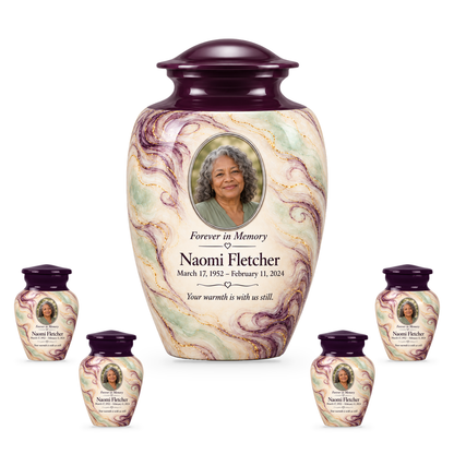 Aubergine Wisp adult urn with four keepsakes with fictional sample photo and text.