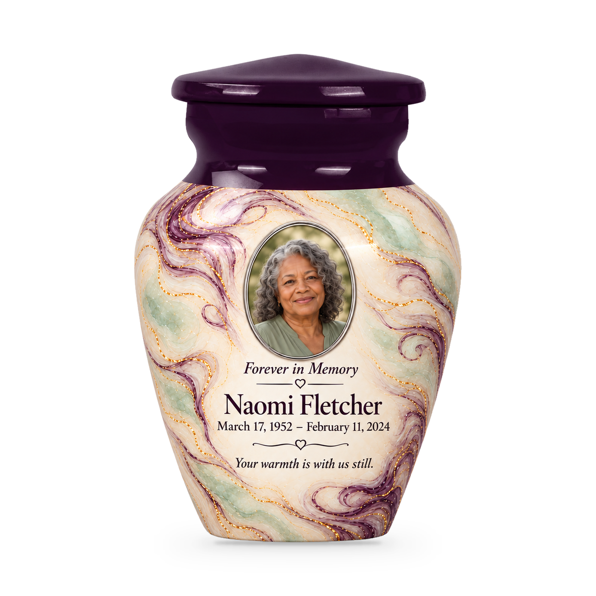 Aubergine Wisp single keepsake urn with fictional sample photo and text.