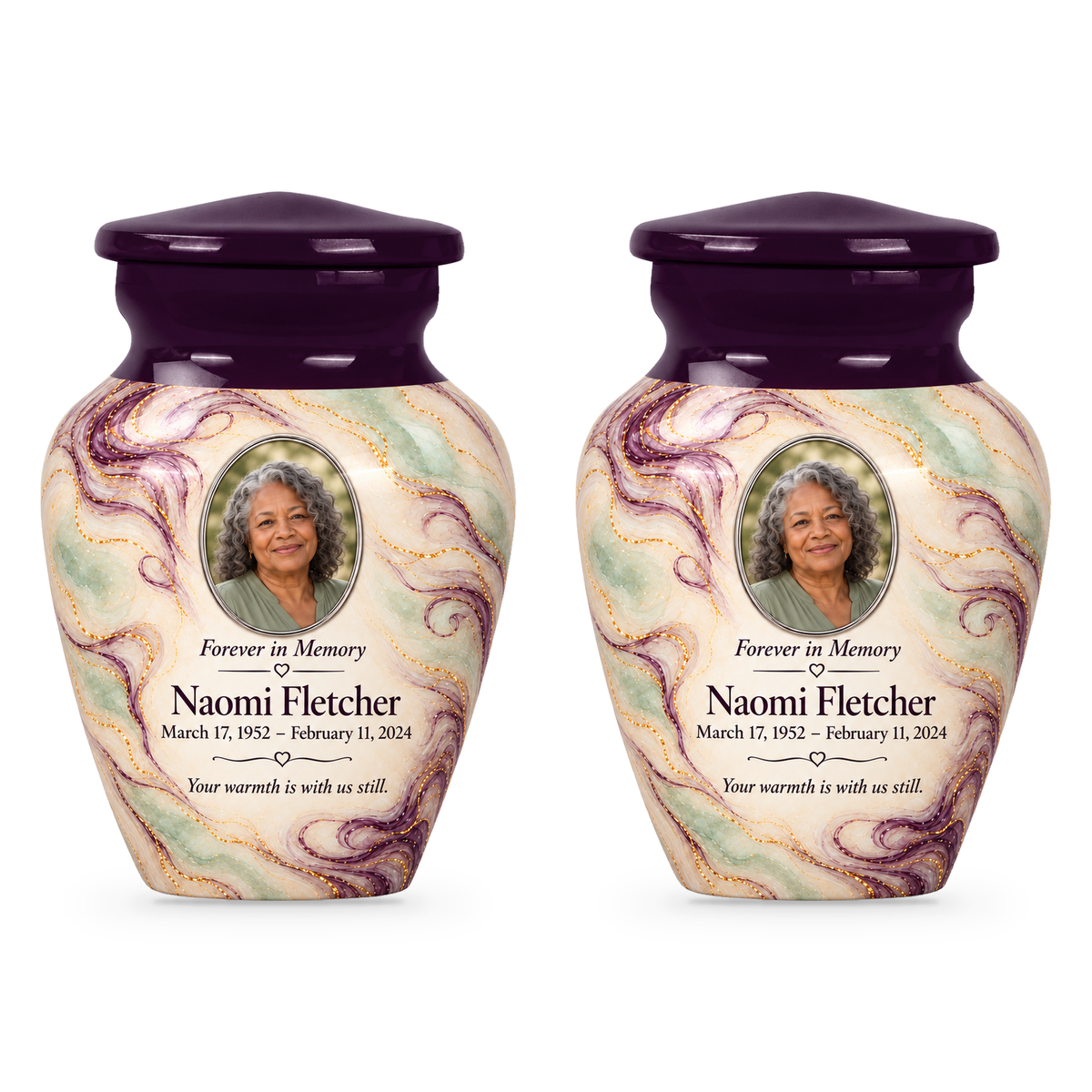 Aubergine Wisp set of two keepsake urns with fictional sample photo and text.